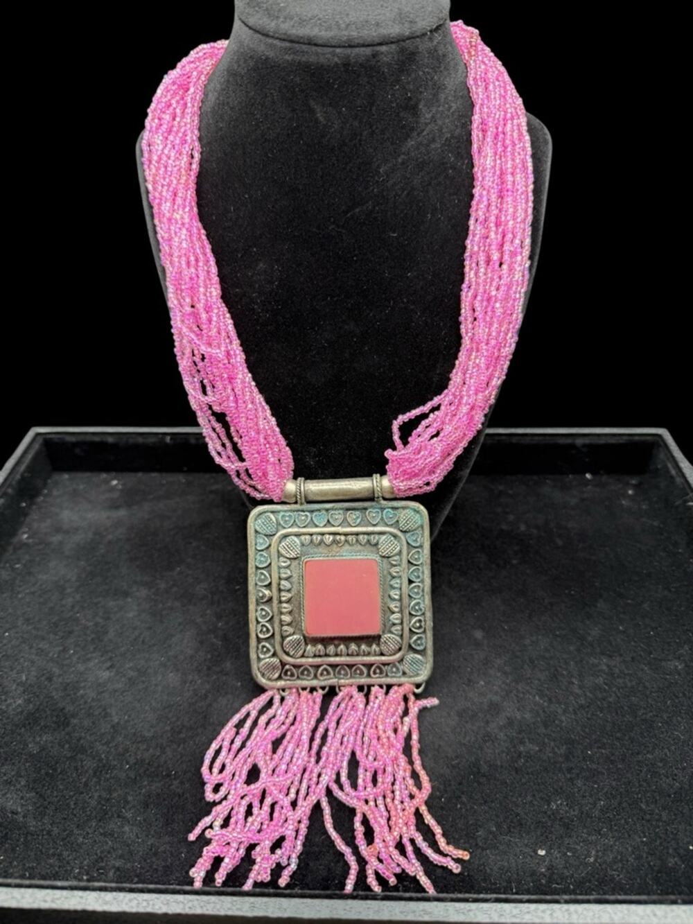 Handmade Pink Multi-Strand Beaded Necklace with Ornate Square Pendant